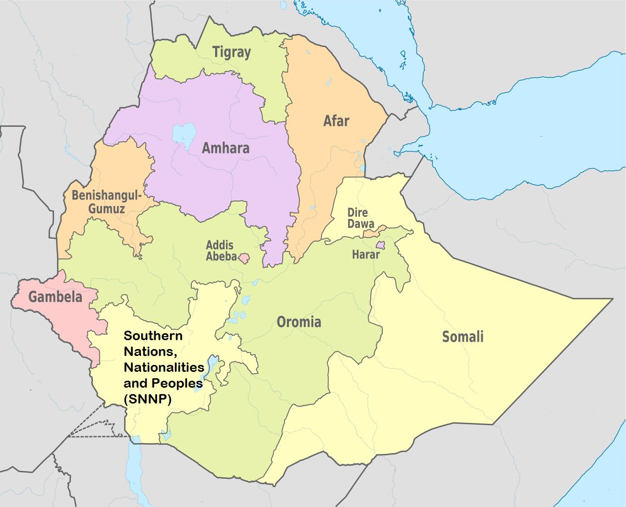 Ethiopia states map - Ethiopian states map (Eastern Africa - Africa)